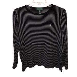 Lauren Ralph Lauren Womens 2X Black White Striped Long Sleeve T Shirt Tee Top